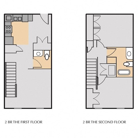 floor plan of the second floor and floorplan of the first floor of a 2 bedroom 2 bath townhouse at Cedars at Carver Park